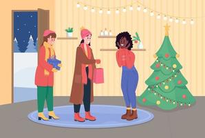 Laden Sie Freunde für Weihnachten flache Farbvektorillustration ein. Mädchen kommen, um Winterferien zu feiern. lächelnde Frauen mit Geschenkpaketen 2D-Zeichentrickfiguren mit Interieur im Hintergrund vektor