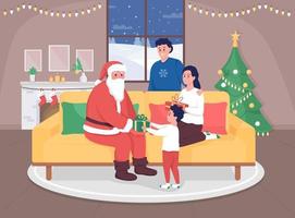 Laden Sie Santa nach Hause flache Farbvektorillustration ein. eltern mit kind empfangen geschenk zu weihnachten. Winterurlaub feiern. glückliche Familie 2D-Zeichentrickfiguren mit festlichem Interieur im Hintergrund vektor