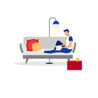 Mann, Unternehmer, Manager, Geschäftsmann, männliche Lesebuch flache Vektorillustration. isolierte Cartoon-Figur auf weißem Hintergrund. Zeitvertreib, Freizeit. Person sitzt auf dem Sofa und entspannt sich mit Nachtlampe vektor