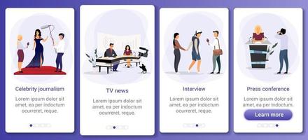 Journalismus und Massenmedien beim Onboarding der mobilen App-Bildschirmvektorvorlage. TV-Nachrichten, Interview, Pressekonferenz. Walkthrough-Website-Schritte mit flachen Zeichen. ux, ui, gui Smartphone-Cartoon-Schnittstelle vektor