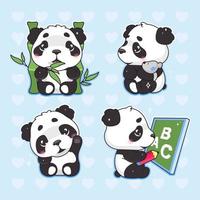 Süßer Panda kawaii Cartoon-Vektor-Zeichensatz. bezauberndes, glückliches und lustiges Tier, das Bambus isst, winkender handisolierter Aufkleber, Patches-Pack. Anime Baby Boy Panda Bär Emoji auf blauem Hintergrund vektor