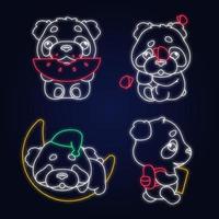 Niedlicher Panda Kawaii Neonlicht-Charaktere-Pack. Entzückendes und lustiges Tier, das Wassermelone isst, schläft, zurück zur Schule, isolierter Aufkleber, Patches gesetzt. Anime Baby Baby Bär Doodle Emojis leuchtende Symbole vektor