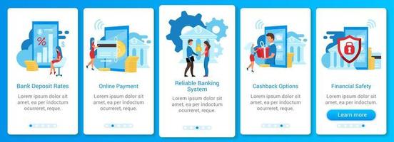 Banking Onboarding Mobile App-Bildschirmvektorvorlage. Einzahlungszinsen, Online-Zahlung, finanzielle Sicherheit. Walkthrough-Website-Schritte mit flachen Zeichen. ux, ui, gui Smartphone-Cartoon-Schnittstellenkonzept vektor