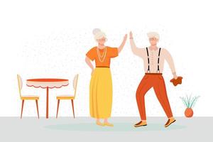 pensionerade människor som dansar platt vektorillustration. familj i äldre ålder. gammalt par tillbringar tid tillsammans hemma. inomhus interiör. romantisk tidsfördriv. pensionärer i retro casual kläder seriefigurer vektor