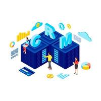 crm-hosting isometrische Vektor-Illustration. Kundenbeziehungsmanagement-Software 3D-Konzept isoliert auf weißem Hintergrund. Manager, die mit Client-Datenbank, Servern arbeiten. Marketing-Automatisierungstool vektor