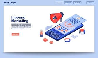 Vorlage für Inbound-Marketing-Landingpages. Media-Werbe-Website-Schnittstelle mit flachen Illustrationen. smm, Homepage-Layout für mobiles Marketing. Kundenattraktion Webbanner, Webseitenkonzept vektor