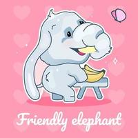 söt elefant kawaii karaktär sociala medier post mockup. vänlig elefant bokstäver. positiv affischmall med djur som äter banan. layout för innehåll i sociala medier. tryck, barn bok illustration vektor