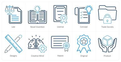 en uppsättning av 10 intellektuell fast egendom ikoner som lag, ny uppfinning, licens vektor