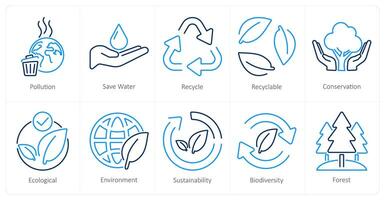 en uppsättning av 10 ekologi ikoner som förorening, spara vatten, återvinna vektor