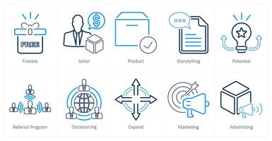 en uppsättning av 10 öka försäljning ikoner som gratisgrunka, säljare, produkt vektor
