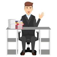 Geschäftsmann, Freiberufler, der auf einem süßen, schönen, modernen Schreibtisch mit einem Bürotisch und einem Stuhl mit einigen Papierstapel-Dateiordnern sitzt und winkt vektor