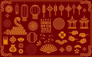Lycklig kinesisk ny år 2025 de orm zodiaken tecken logotyp med lykta, blomma, och asiatisk element röd papper skära stil på Färg bakgrund. vektor