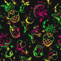Sommer- nahtlos Muster mit Symbole von Ananas, Eis Creme, Cocktail Glas, Palme Baum. wellig Farbe Bürste Schlaganfälle, bespritzt malen. hell glühend Neon- Farben. Umriss, Kontur Illustrationen. vektor