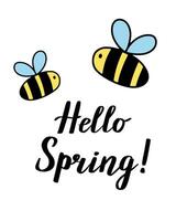 süß Bienen mit Beschriftung Hallo Frühling. Hand gezeichnet Karikatur Stil Illustration isoliert auf Weiß. vektor