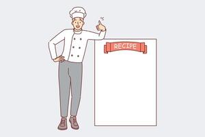 man restaurang kock står nära tom recept ark och visar tummen upp som tecken av godkännande av meny vektor