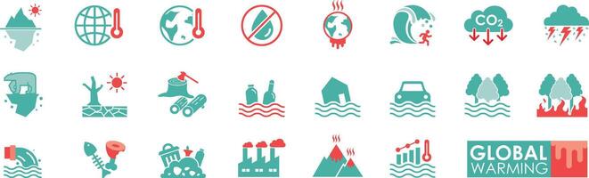 global uppvärmningen ikon uppsättning fast ikon enkel stil. innehåller co2, åskväder, värld, förstöra, fabrik, isberg, polär Björn vektor