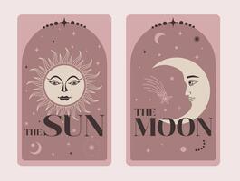 par av tarot kort Sol och måne, himmelsk tarot kort grundläggande häxa tarot omgiven förbi måne och stjärnor. vektor