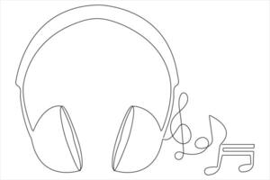 hörlurar med musik anteckningar kontinuerlig ett linje teckning av musikalisk symbol och vektor