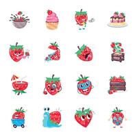 Sammlung von süß Erdbeeren eben Aufkleber vektor