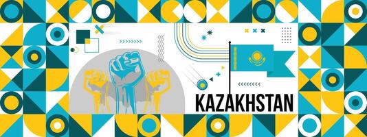 flagga och Karta av kazakhstan med Uppfostrad nävar. nationell dag eller oberoende dag design för land firande. modern retro design med abstrakt ikoner. vektor