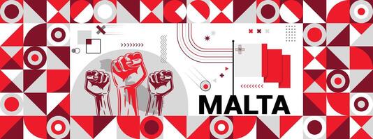 Flagge und Karte von Malta mit angehoben Fäuste. National Tag oder Unabhängigkeit Tag Design zum Land Feier. modern retro Design mit abstrakt Symbole. vektor