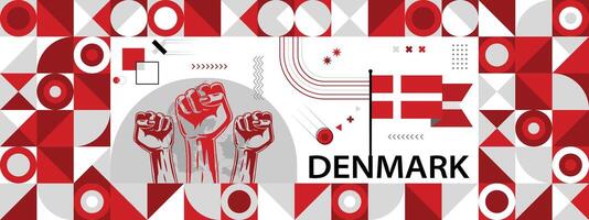 Flagge und Karte von Dänemark mit angehoben Fäuste. National Tag oder Unabhängigkeit Tag Design zum Land Feier. modern retro Design mit abstrakt Symbole. vektor