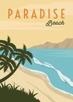Paradies Strand Poster Jahrgang Illustration Design. Seelandschaft Hintergrund Jahrgang Poster Illustration Design vektor