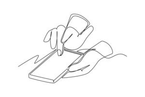 ett kontinuerlig linje teckning av fingrar rörande, tappning, rullning smartphone skärmar begrepp. klotter illustration i enkel linjär stil vektor