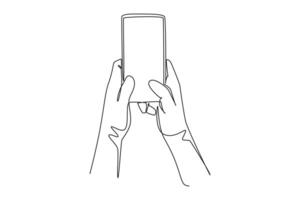 ett kontinuerlig linje teckning av fingrar rörande, tappning, rullning smartphone skärmar begrepp. klotter illustration i enkel linjär stil vektor