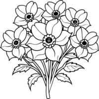 anemon blomma bukett översikt illustration färg bok sida design, anemon blomma bukett svart och vit linje konst teckning färg bok sidor för barn och vuxna vektor