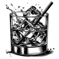 schwarz und Weiß Silhouette von ein Glas Whiskey Scotch auf das Felsen vektor