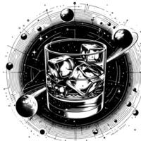 svart och vit silhuett av en glas whisky scotch på de stenar vektor