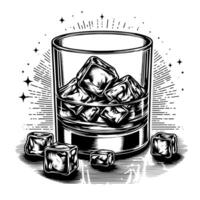 schwarz und Weiß Silhouette von ein Glas Whiskey Scotch auf das Felsen vektor