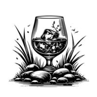 svart och vit silhuett av en glas whisky scotch på de stenar vektor