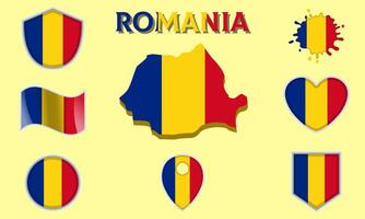 samling av platt nationell flaggor av rumänien med Karta vektor
