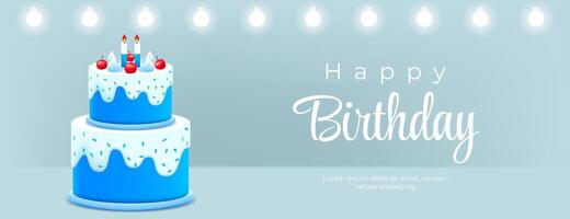 glücklich Geburtstag Karte zum ein Junge mit Blau Weiß 3d Kuchen und Lampe auf Blau Hintergrund. Illustration vektor