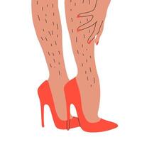 kvinna orakad hårig ben i röd hög hälar. vektor