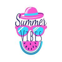 Sommer- Stimmung komisch hell Poster. Beschriftung, Rosa Hut, Sonnenbrille und Wassermelone Scheibe auf Weiß. modisch tropisch Design zum drucken, Poster, Karte. vektor