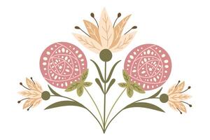 folk symmetri blommig sammansättning med abstrakt blommor. hand dragen illustration i dämpad färger på vit bakgrund. idealisk för Hem dekor eller Skriv ut vektor