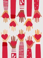 das Hände von Menschen mit anders Haut Farben, anders Nationalitäten und Religionen halt ein rot Herz. vektor