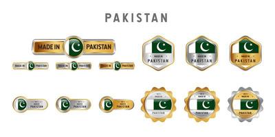 tillverkad i pakistan etikett, stämpel, märke eller logotyp. med Pakistans nationella flagga. på platina, guld och silverfärger. premium- och lyxemblem vektor