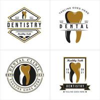 Set von Retro-Vintage-Stil für Zahnarzt-Logo-Design. mit Zahnsymbolen in den Farben Gold, Schwarz und Weiß. Premium- und Luxus-Logo-Vorlage
