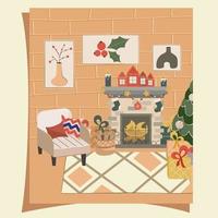 mysigt julvardagsrum med julgran, öppen spis och fåtölj i skandinavisk stil på ett vykort eller affisch. nyårsdekorationer, girlanger, strumpor och gifts.vektorillustration i platt stil. vektor
