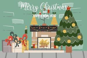 Weihnachten Ziegel Loft mit Kamin, Tannenbaum, Text Frohe Weihnachten. Dekoriert mit Kugeln Fichte und Kaminkerzen und Geschenken. Vektor-Illustration eines festlichen Interieurs. vektor