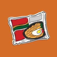 tecknad serie illustration av indonesiska populär omedelbar nudel. eras med solig sida ägg, tomat, gurka, och chili. en packa av indonesiska omedelbar Wokad nudel vektor