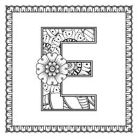bokstaven e gjord av blommor i mehndi-stil. målarbok sida. kontur handrita vektorillustration. vektor