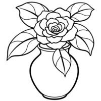 Kamelie Blume auf das Vase Gliederung Illustration Färbung Buch Seite Design, Kamelie Blume auf das Vase schwarz und Weiß Linie Kunst Zeichnung Färbung Buch Seiten zum Kinder und Erwachsene vektor