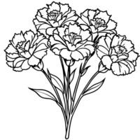 nejlika blomma bukett översikt illustration färg bok sida design, nejlika blomma bukett svart och vit linje konst teckning färg bok sidor för barn och vuxna vektor