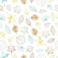 Vektor nahtlose Muster von farbigen handgezeichneten strukturierten Blatt. Herbst wiederholen Hintergrund mit isolierten bunten Birken, Ahorn, Eiche, Eberesche, Kastanie, Hasel, Linde, Erle, Espe, Ulme, Pappelblätter
