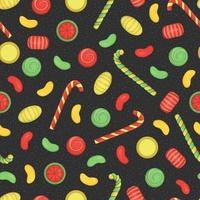 Vektor farbiges nahtloses Muster von Weihnachts- oder Neujahrselementen auf schwarzem strukturiertem Hintergrund. bunter sich wiederholender Hintergrund mit Süßigkeiten, Lolly, Zuckerstange.